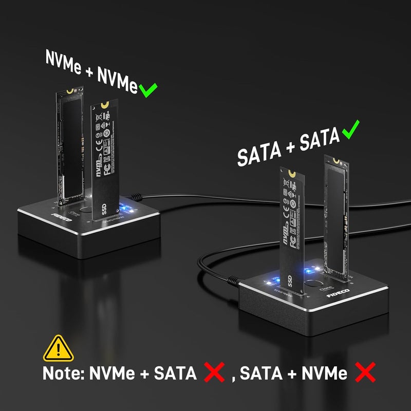 FIDECO M.2 NVMe SATA SSD Cloner Dock, USB 3.2 Gen 2 X 2, 20Gbps Dual NVMe SATA SSD Enclosure, M.2 Duplicator Cloner, Support Offline Clone, UASP and Trim, Aluminum Design - Image 4
